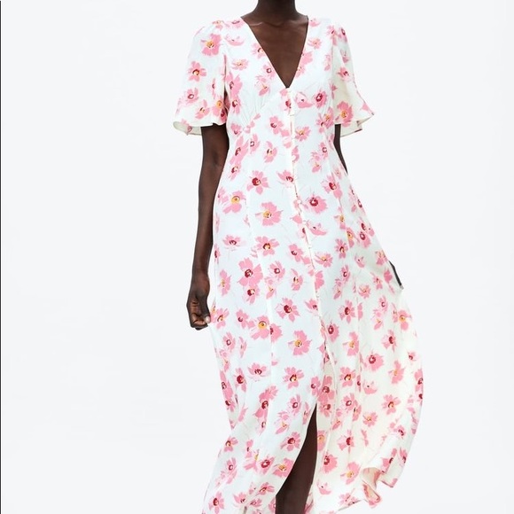 SOLD NWT Zara pink floral button up midi dress - Picture 6 of 7